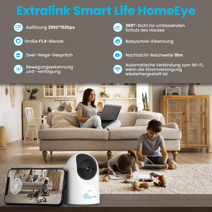 EXTRALINK Smart Life HomeEye Überwachungskamera innen, Kamera IP, PTZ drahtlose Kamera, 4MP, 360° Si