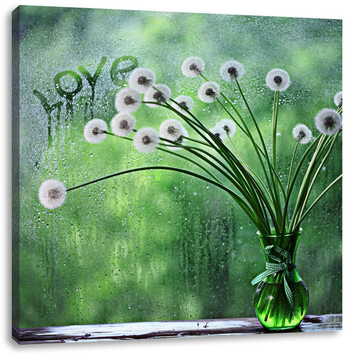 Pixxprint Pusteblumen am verregneten Fenster, Format: 70x70 auf Leinwand, 70x70