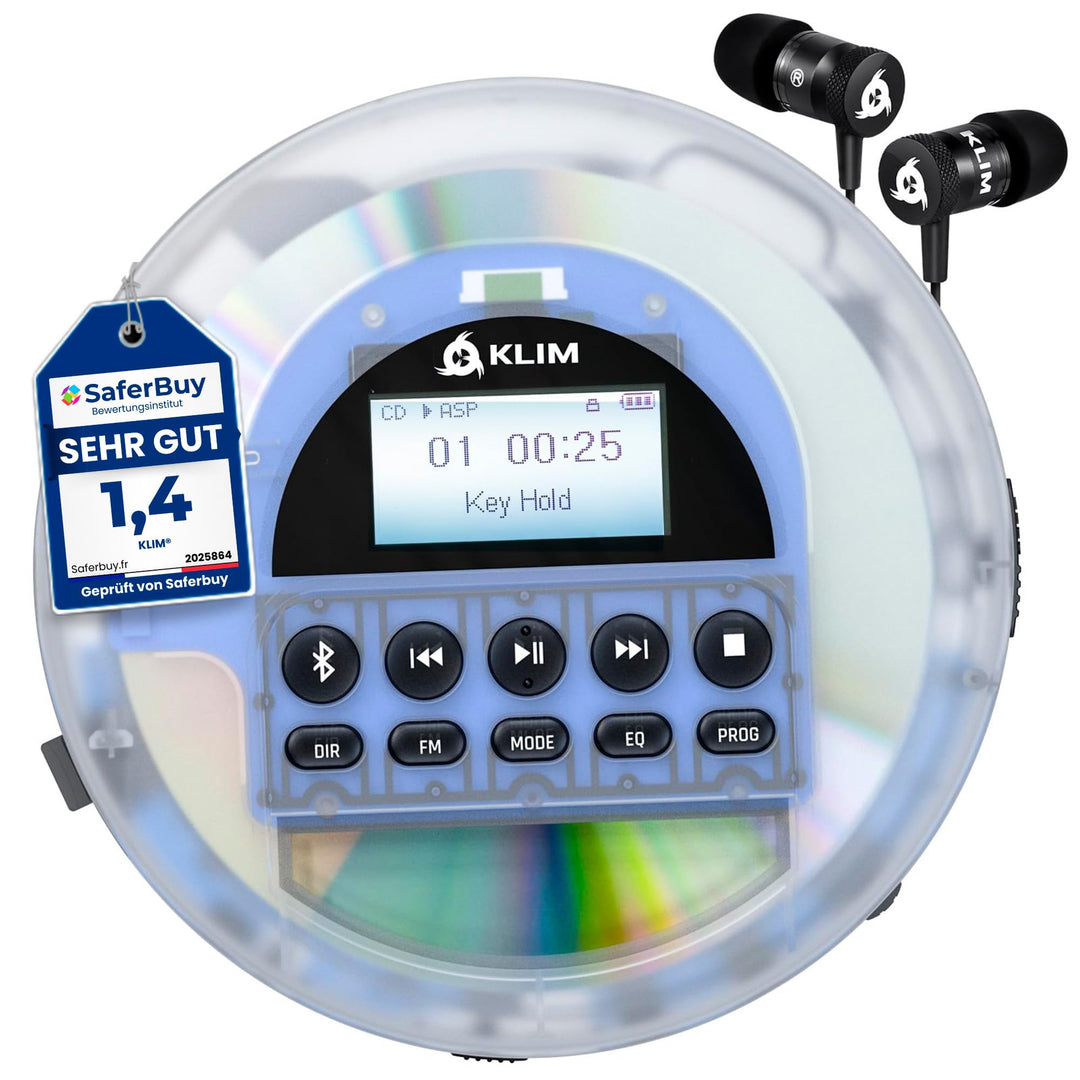 KLIM Nomad Transparent - NEU 2024 - Tragbarer CD-Player Discman - langlebigem Akku - Inklusive KLIM