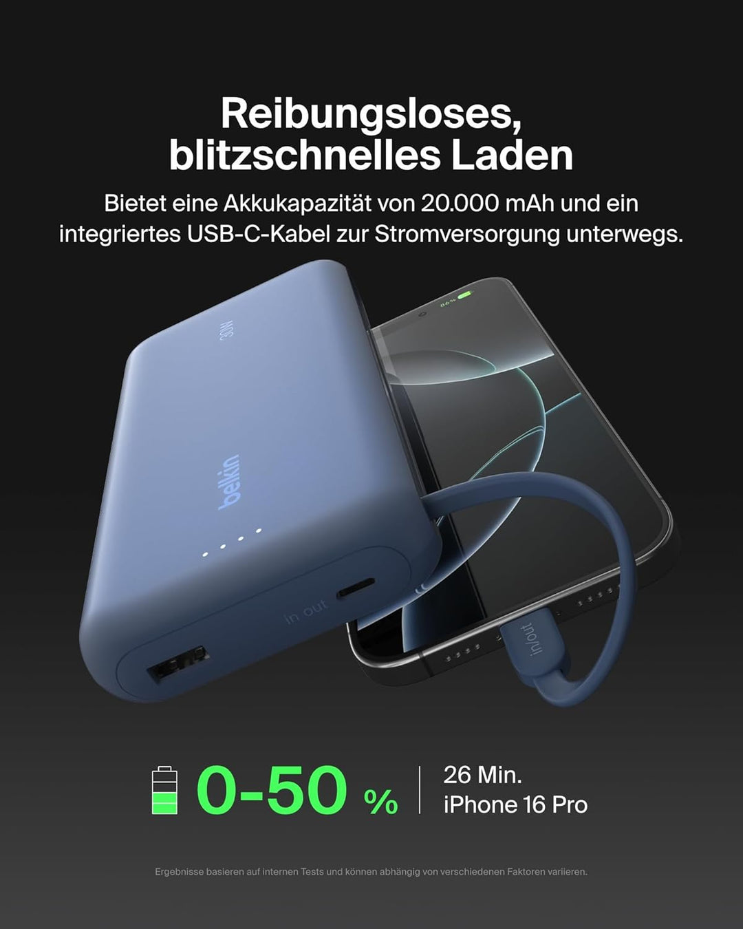 Belkin Portable Powerbank zum Schnellladen mit integriertem Kabel 20K PD 30 W, USB-C Power Delivery,