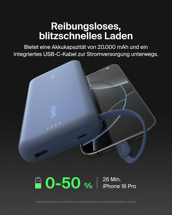 Belkin Portable Powerbank zum Schnellladen mit integriertem Kabel 20K PD 30 W, USB-C Power Delivery,
