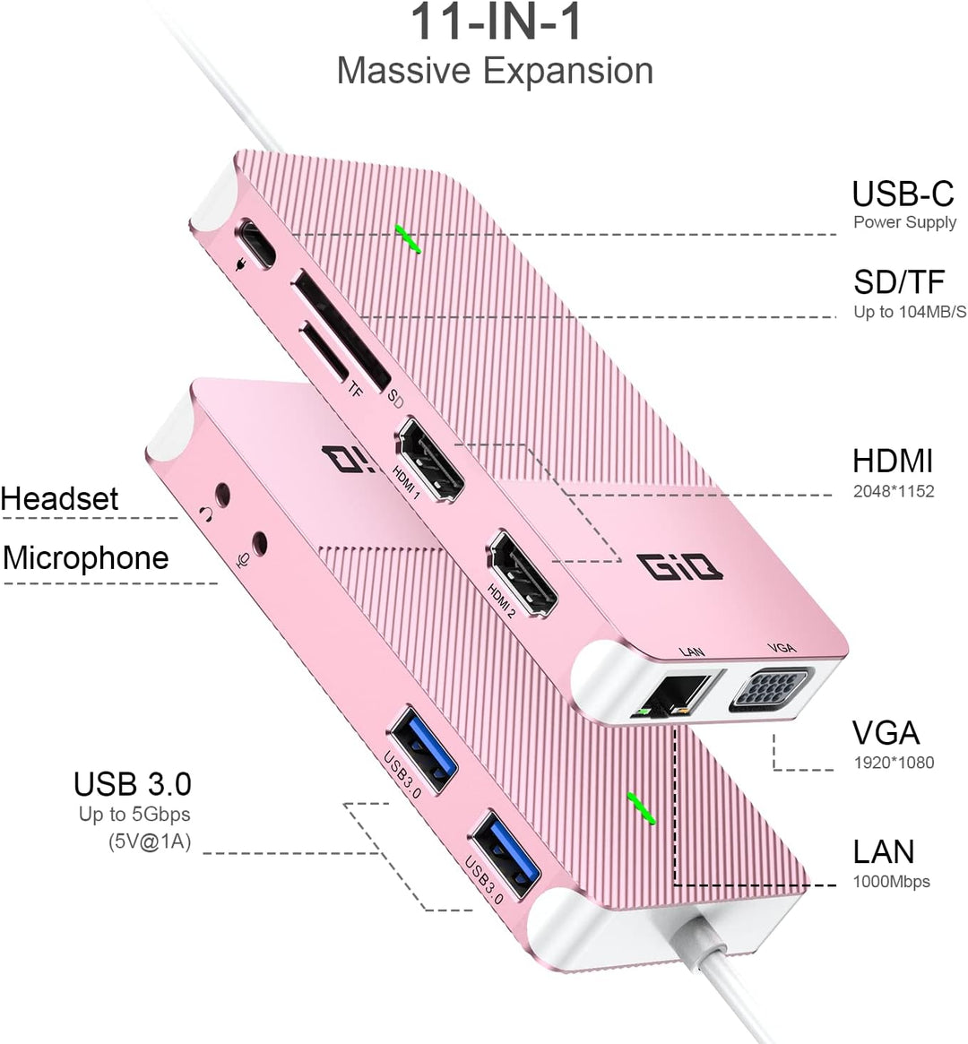 USB Dockingstation GIQ USB C Hub USB 3.0 zu Dual HDMI VGA Adapter Dreifach Display USB C Laptop Dock