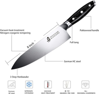 TUO Profi Kochmesser aus Deutschem Edelstahl, 20cm Chefmesser, Scharfes Küchenmesser mit Full Tang P