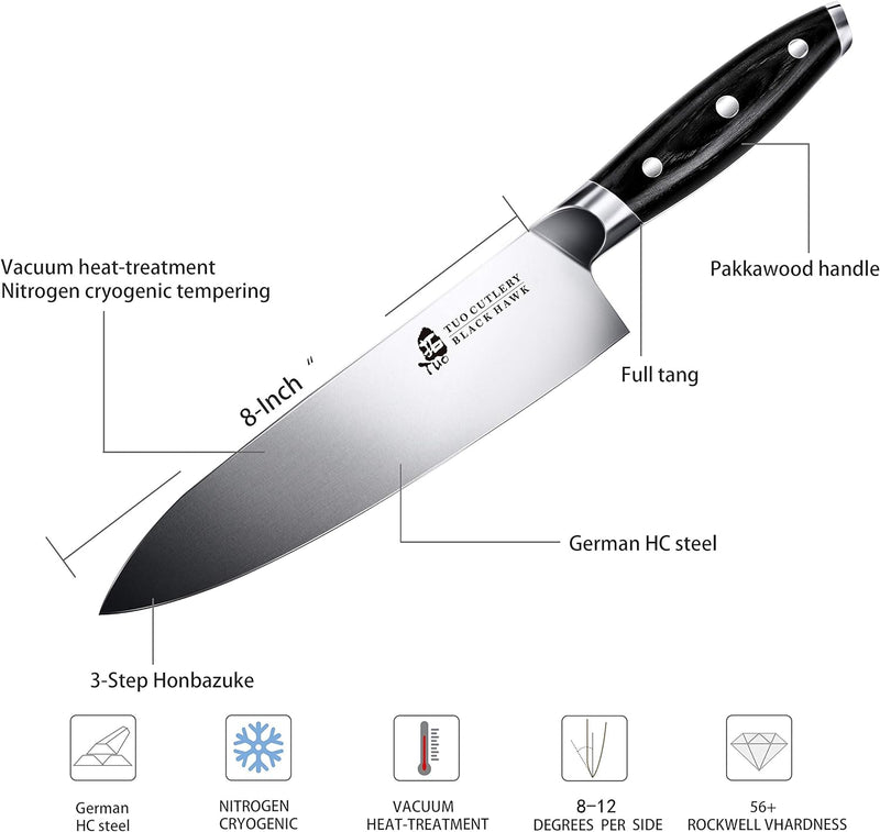 TUO Profi Kochmesser aus Deutschem Edelstahl, 20cm Chefmesser, Scharfes Küchenmesser mit Full Tang P