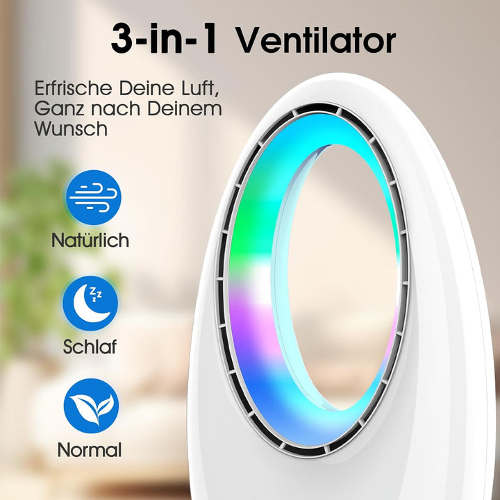 Rotorloser Ventilator, Leiser Turmventilator mit Fernbedienung, LED Beleuchtung, 60° Oszillation,3 M
