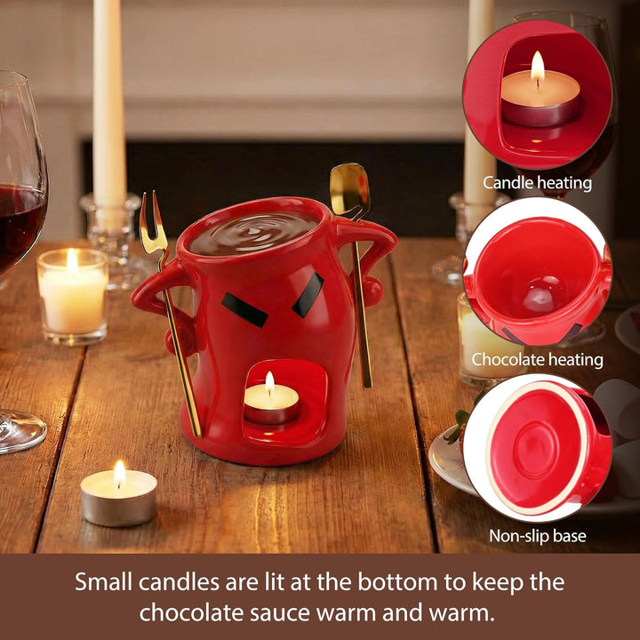 Schokofondue Tasse - Keramik Schokoladenfondue Set mit Löffel und Gabel, Einzigartiges Design mit Ha