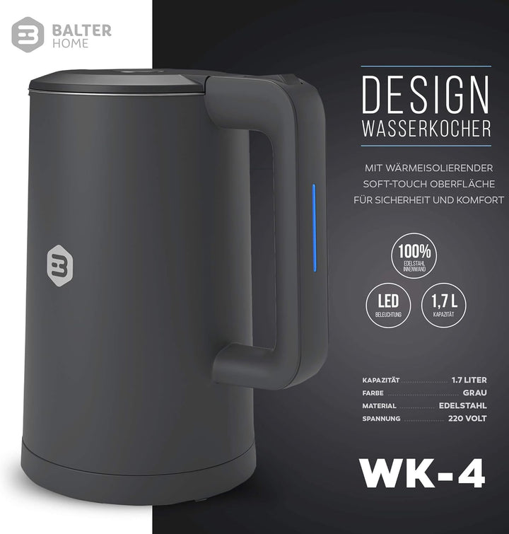 Balter Wasserkocher Edelstahl WK-4, 1,7 Liter, elektrischer Wasserkocher, Doppelwand Design, BPA fre