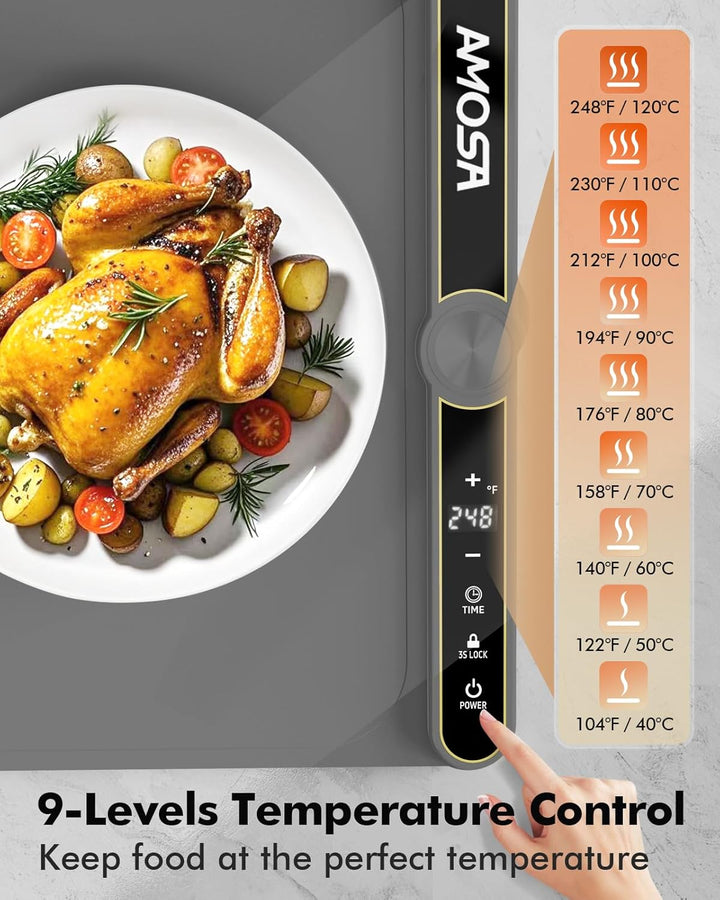 AMOSA Warmhaltematte für Speisen, Speisenwärmer mit 9 Einstellbaren Temperaturen & 6-Stunden-Timer,