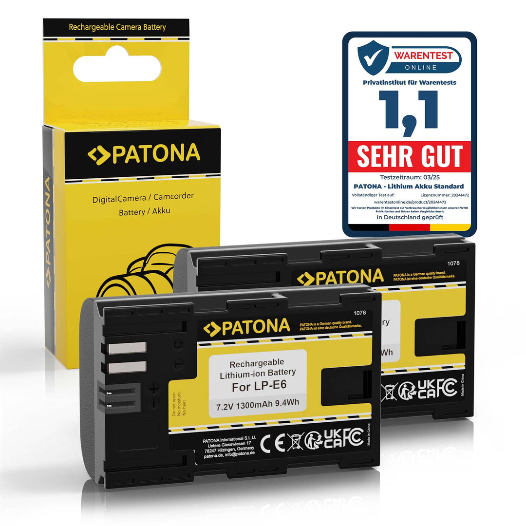 PATONA 2X LP-E6 Akku 1300mAh Ersatzakku kompatibel mit Canon EOS 5D Mark II III IV 5DS R R5 6D 7D 60
