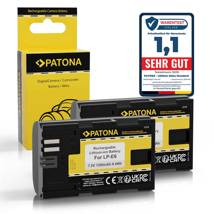 PATONA 2X LP-E6 Akku 1300mAh Ersatzakku kompatibel mit Canon EOS 5D Mark II III IV 5DS R R5 6D 7D 60