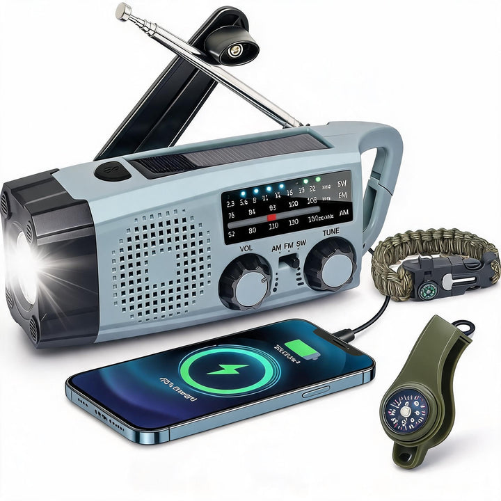 Notfall Radio Kurbelradio mit Handkurbel, Solar Radio mit 2000mAh Powerbank, AM/FM Radio mit LED Tas