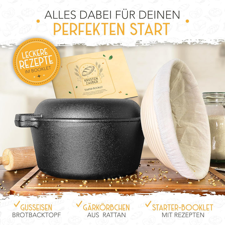 KRUSTENZAUBER Gusseisen Topf Brot Backen [inkl. Gärkorb] - Robuster 26cm gusseiserner Brottopf zum b