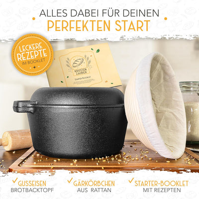 KRUSTENZAUBER Gusseisen Topf Brot Backen [inkl. Gärkorb] - Robuster 26cm gusseiserner Brottopf zum b