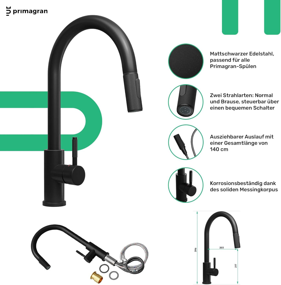 PRIMAGRAN Spülbecken Schwarz 38x50cm, Spülbecken 1 Becken + Küchenarmatur 40x20cm + Ablauf-Set, Küch