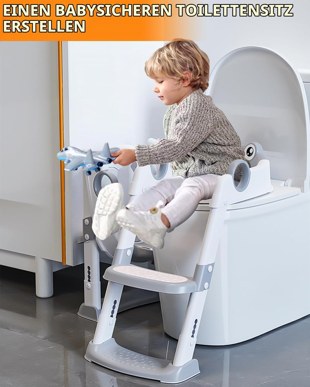 Toilettensitz Kinder mit Treppe, WC Sitz Kinder für Jungen und Mädchen, Höhenverstellbar und Klappba
