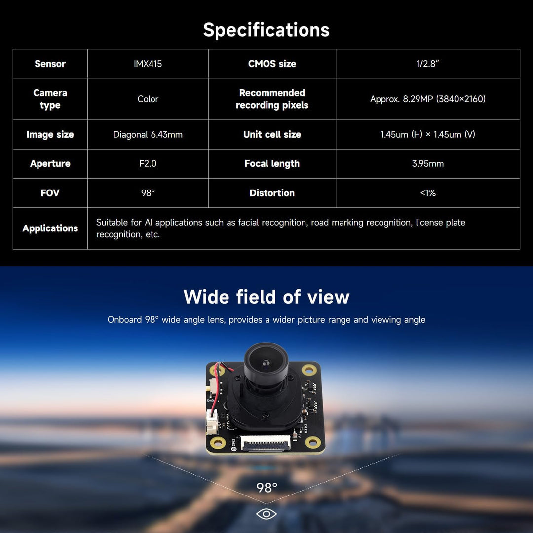 Waveshare IMX415 8MP Camera Module, Adopts IMX415 Sensor Chip with 98° Wide Angle Lens, Good Low Lig