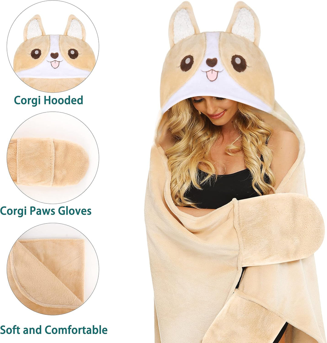 Shoppawhile Corgi Decke mit Ärmeln und Kapuze für Hundebesitzer Kuscheldecke Flauschig Süsse Blanket