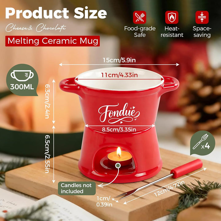 Yoassi Keramik Käsefondue Set, Mini Schokoladenfondue Tasse, Käsebecher mit 4 Gabeln, zum Schmelzen