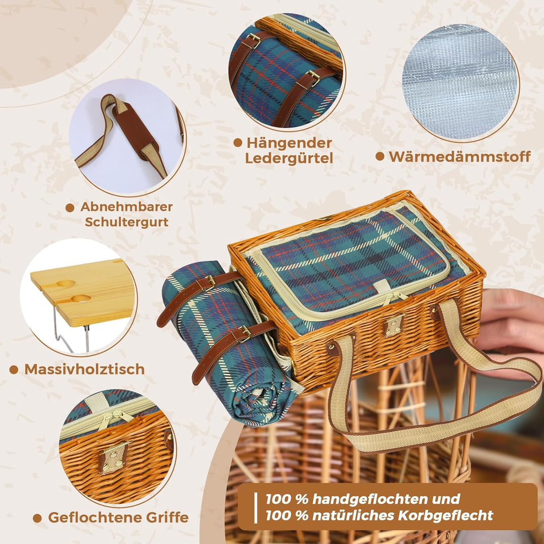 HYBDAMAI Picknickkorb-Set mit Klapptisch und Besteck-Set, Picknickkorb für 4 Personen mit kühltasche