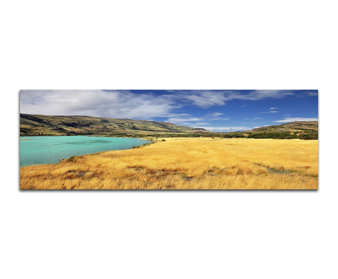Paul Sinus Art Panoramabild auf Leinwand und Keilrahmen 150x50cm Chile Nationalpark Berge See Wiese