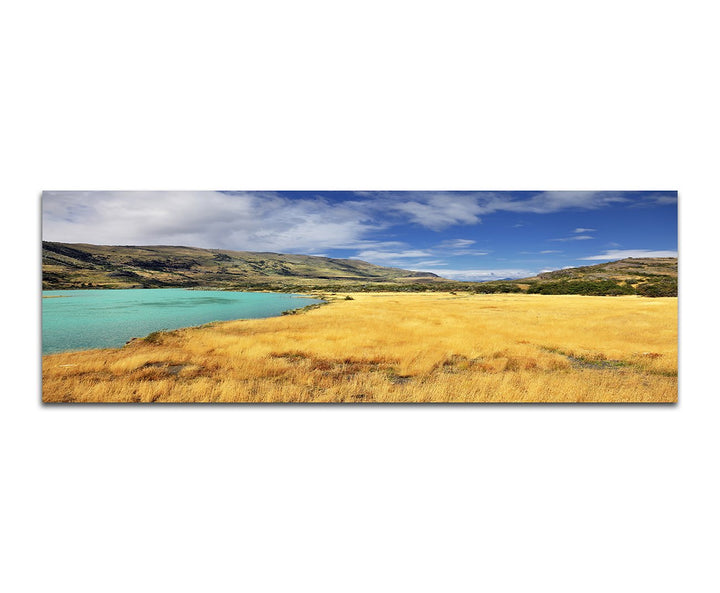 Paul Sinus Art Panoramabild auf Leinwand und Keilrahmen 150x50cm Chile Nationalpark Berge See Wiese