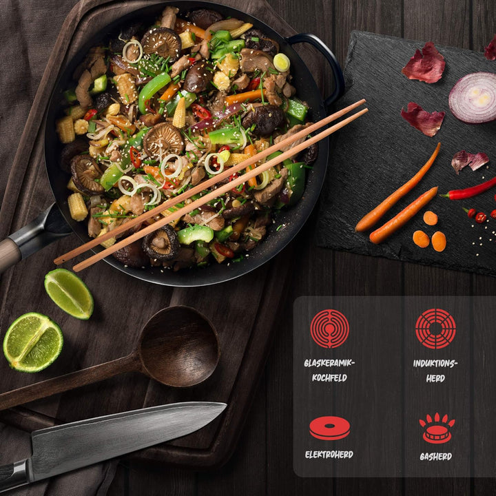Flavemotion Wok mit Wokring für Induktion, E-Herd (Flacher Boden, 36 cm gross) VOREINGEBRANNT handge
