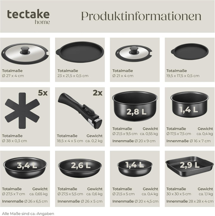 tectake® 47-tlg. Küchenstarterset, Steingut Geschirrset 6 Personen, Tassen, Teller Set, 2x Kochtopf,