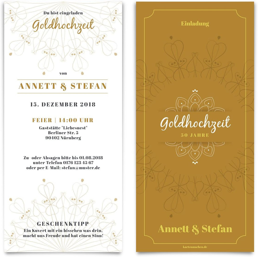 10 x Hochzeitseinladungen Goldhochzeit goldene Hochzeit Einladung individuell - Blumen Ornamente 10