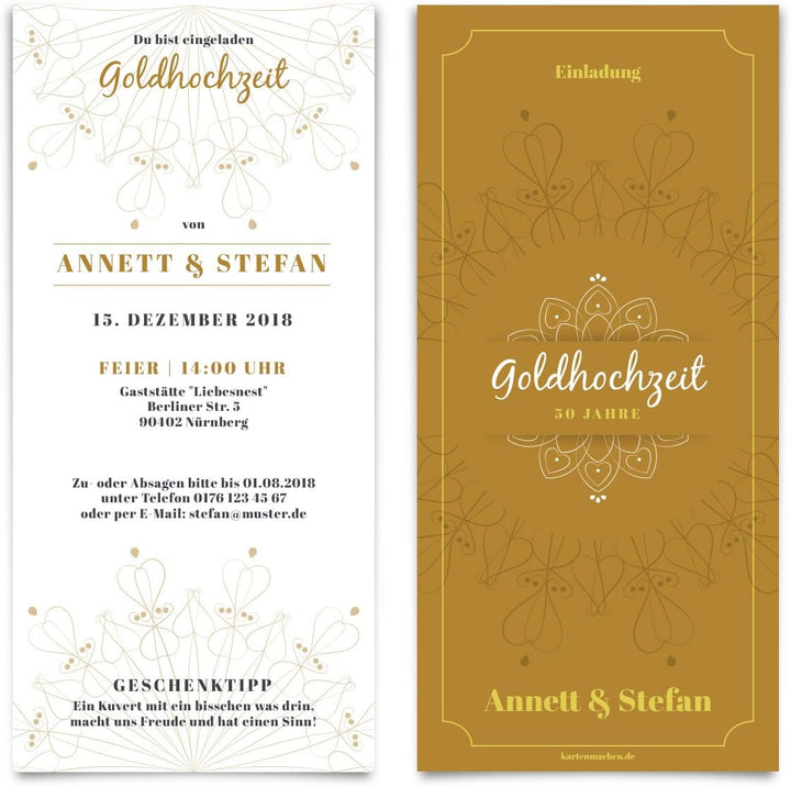 10 x Hochzeitseinladungen Goldhochzeit goldene Hochzeit Einladung individuell - Blumen Ornamente 10