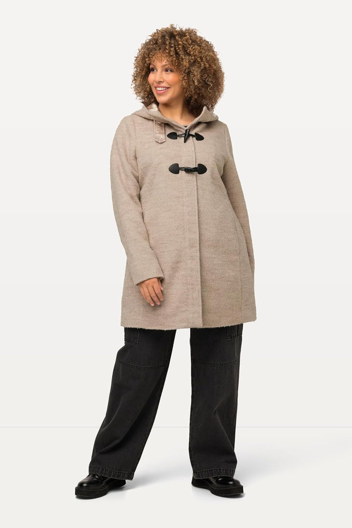 Ulla Popken Damen grosse Grössen Übergrössen Plus Size Dufflecoat, A-Line, Wollmix, Kapuze, Knebelkn