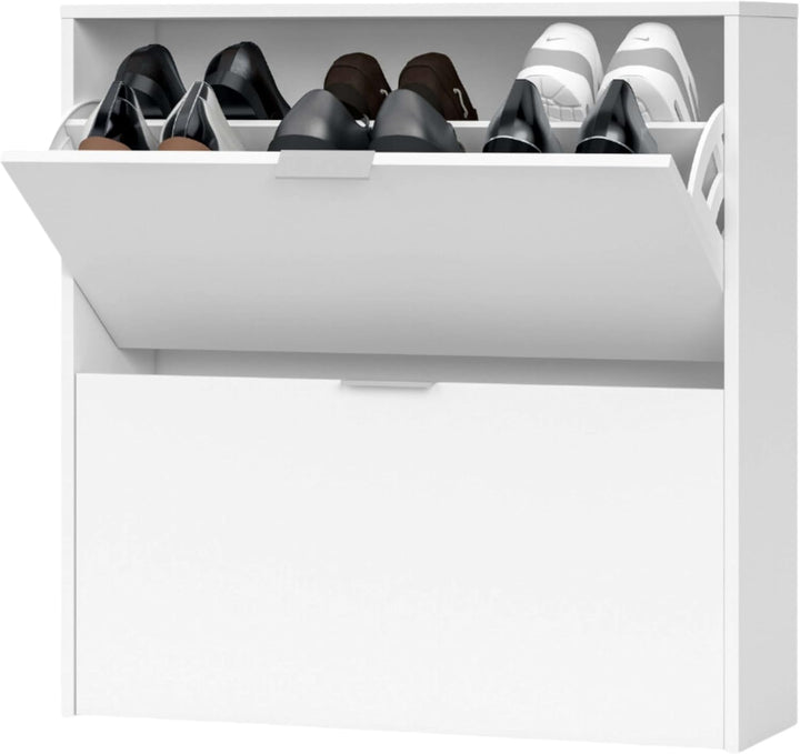 Schuhregal 2-türig, Schuhregal Schmal, Ausführung in Weiss, Masse: 75 cm (Breite) x 76 cm (Höhe) x 2