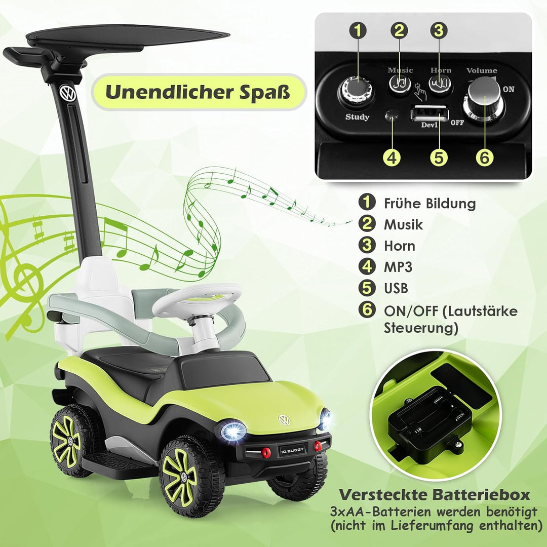GOPLUS 3 in 1 VW autorisierte Schiebeauto, Rutschfahrzeug mit abnehmbarem Schiebgriff, Schutzbügel,