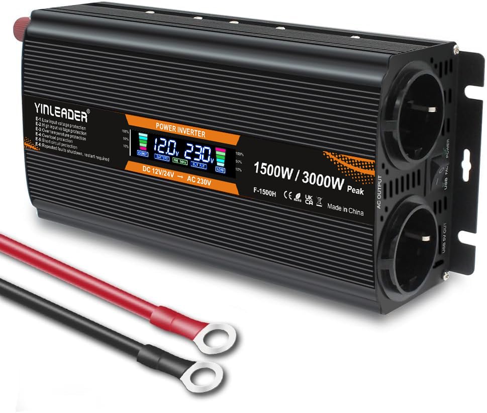 Yinleader Spannungswandler 12V/24V auf 230V 1500W / 3000W Wechselrichter mit 2 EU Steckdosen 1 USB u
