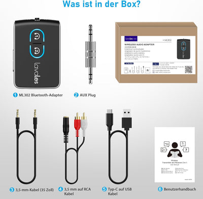 Lavales 5.3 Bluetooth Adapter AUX Pairing 2 Kopfhörers, 3,5mm Klinke Bluetooth Audio Transmitter/Rec