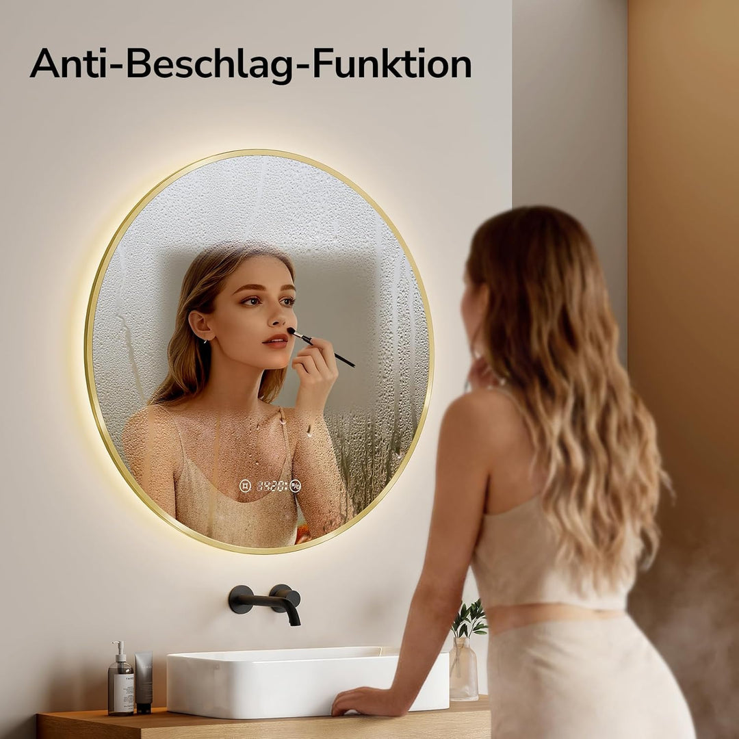 EMKE LED Badspiegel Rund Spiegel mit Beleuchtung ф60cm Gebürstetem Goldrahmen LED Badezimmerspiegel