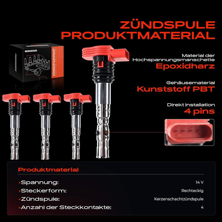 Frankberg 4x Zündspule Zündmodul Kompatibel mit A4 8E2 2.0L 3.0L 2000-2004 A4 8EC 3.0L 2004-2006 A4
