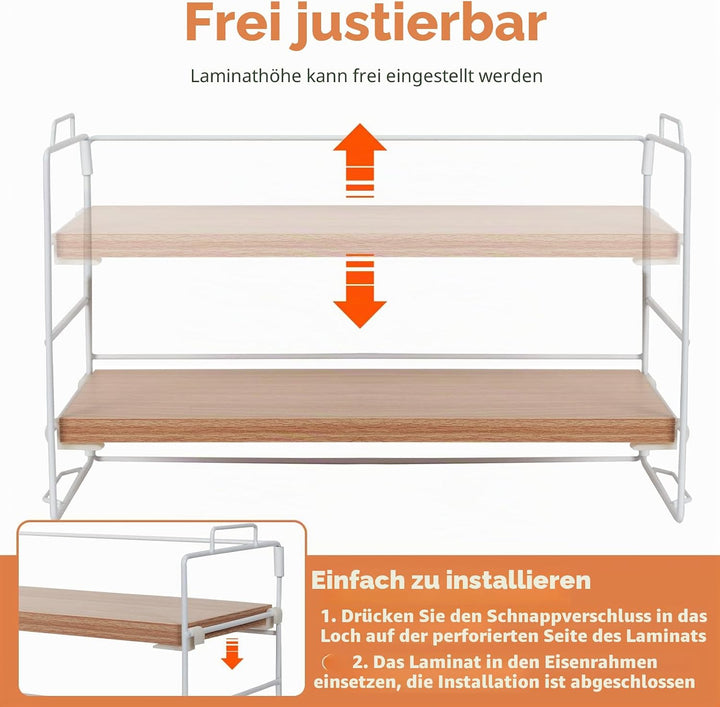 powerking Schreibtischregal, 2 Etagen weiss mit lackiertem Metallrahmen und original Teakholzbrett S