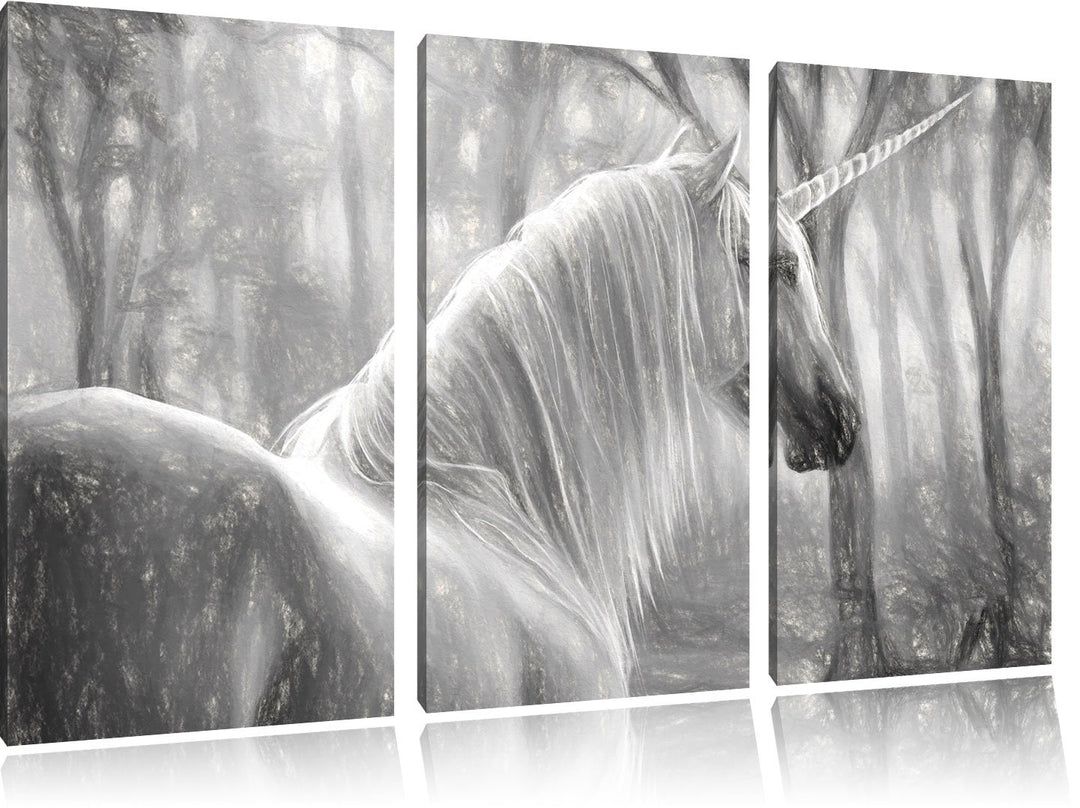 Pixxprint Einsames Einhorn im Wald Kunst Kohle Effekt 3-Teiler Leinwandbild 120x80 Bild auf Leinwand