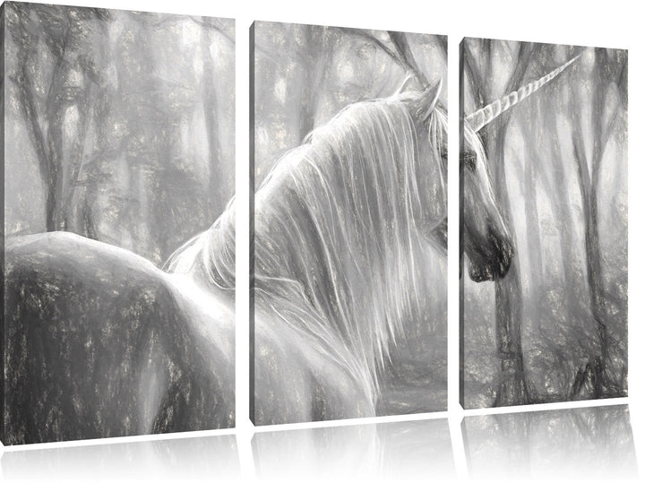 Pixxprint Einsames Einhorn im Wald Kunst Kohle Effekt 3-Teiler Leinwandbild 120x80 Bild auf Leinwand