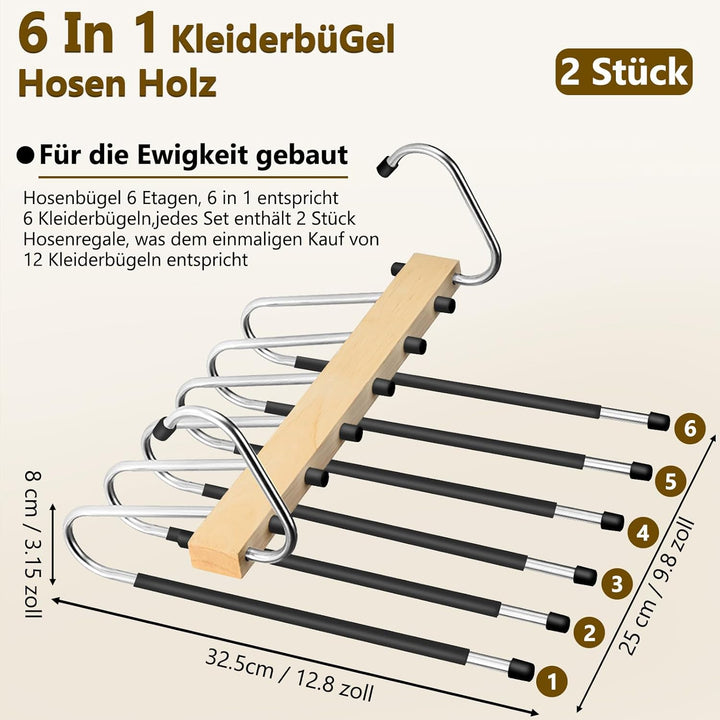 YUNLEX 2 Stück 6 in 1 Holz Hosenbügel Platzsparend | Rutschfeste Magische Kleiderbügel, Faltbare Hos