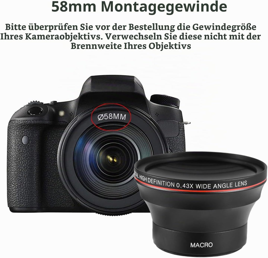 58-mm-Kameraobjektiv-Set mit 0,43 X Weitwinkelobjektiv + Makroobjektiv, Ersatz für Canon EOS 70D/77D