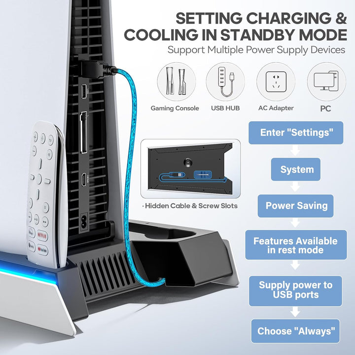 PS5 Ständer für PS5 Slim Disc/PS5 Disc & Digital, 3-stufige Kühlstation und RGB LED mit Controller L