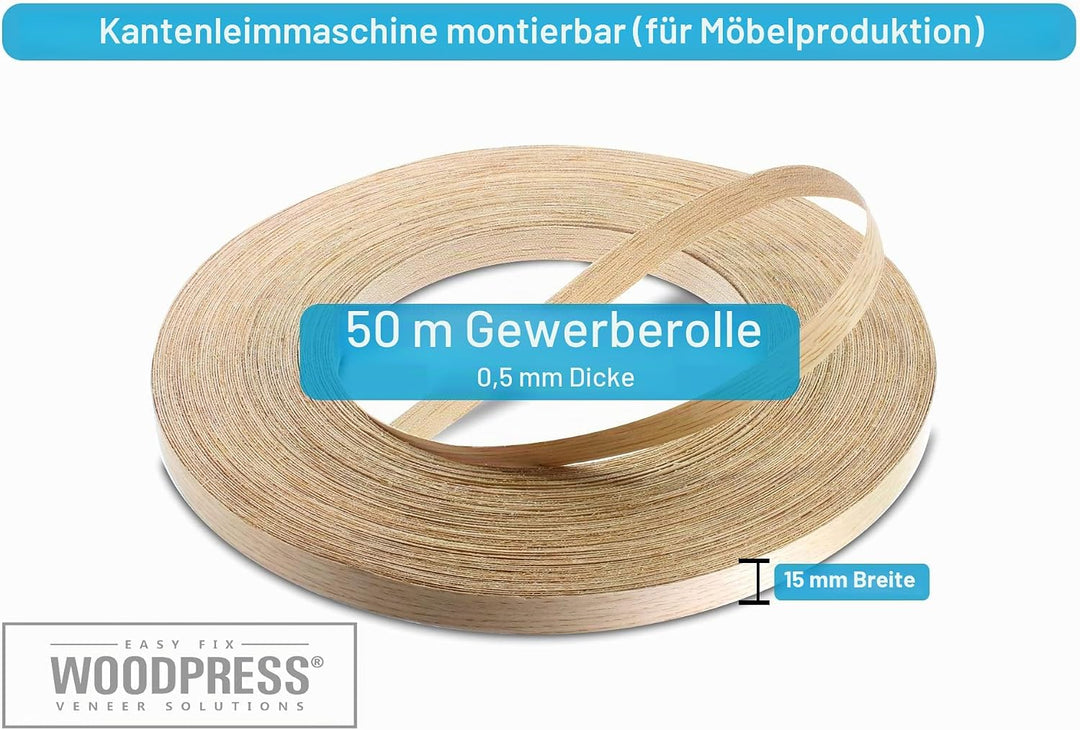WordPress® 15 mm Eiche Echtholz Kantenumleimer mit Schmelzkleber – 50m Rolle – Einfache Anwendung zu