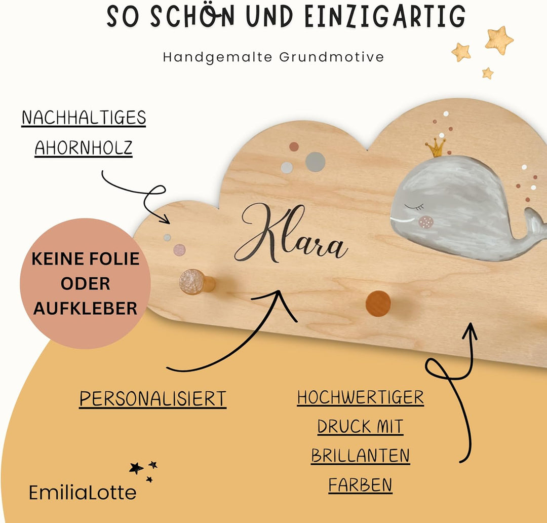 EmiliaLotte Kindergarderobe Personalisiert mit Wunschname I Garderobe Kinder aus Holz - Verschiedene