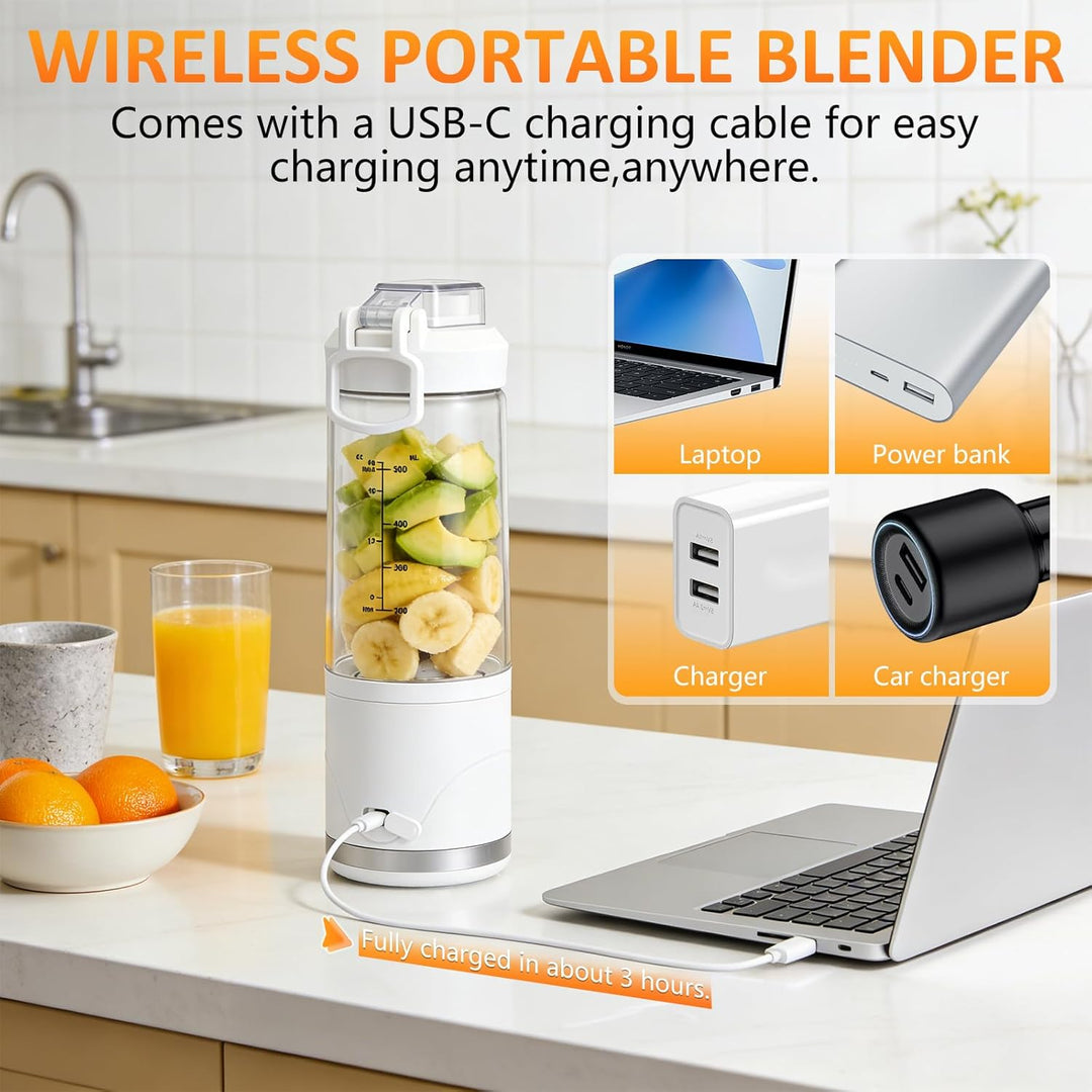 Tragbarer Mixer & Smoothie Maker to go 650ml, 4000mAh Akku USB-C wiederaufladbar | Zerkleinert Eis &