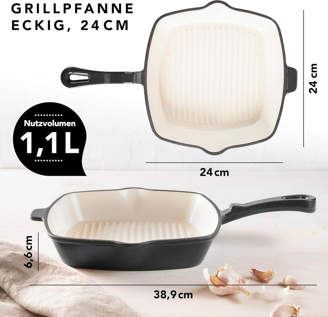Römertopf Gusseisen Grillpfanne eckig 24 cm – Steakpfanne Emaille, alle Herdarten inkl. Induktion, b
