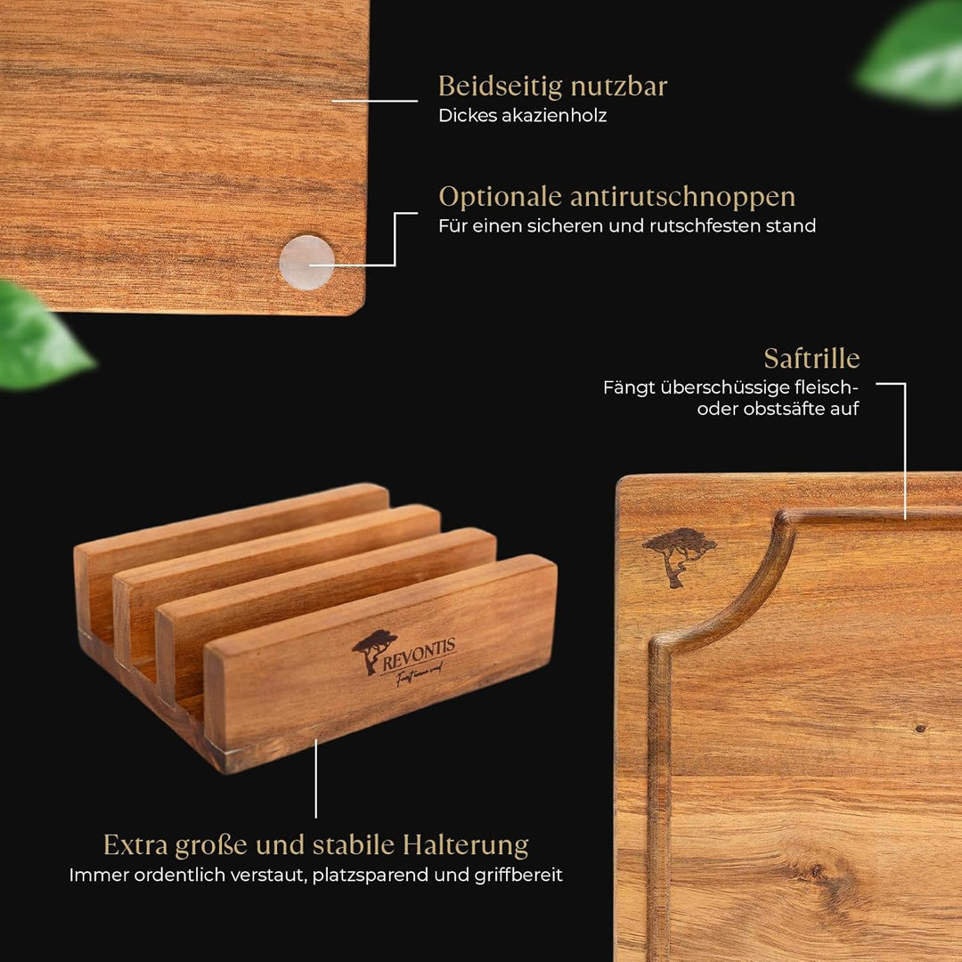 REVONTIS Schneidebrett Set aus Akazienholz – 3 Grössen (40×30, 33×24, 26×18 cm) mit Halter & Saftril