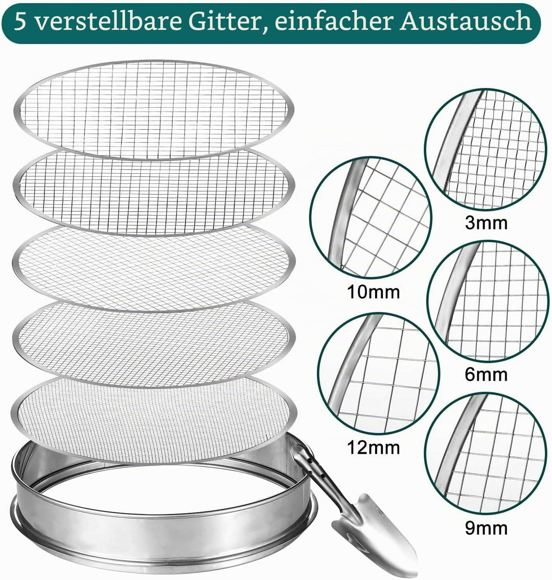 Johgee 5 in 1 Gartensieb aus Edelstahl Witterungsbeständig Sieb, mit 5 austauschbare Siebeinsätze Ø