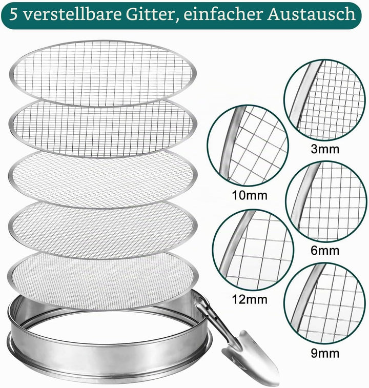 Johgee 5 in 1 Gartensieb aus Edelstahl Witterungsbeständig Sieb, mit 5 austauschbare Siebeinsätze Ø