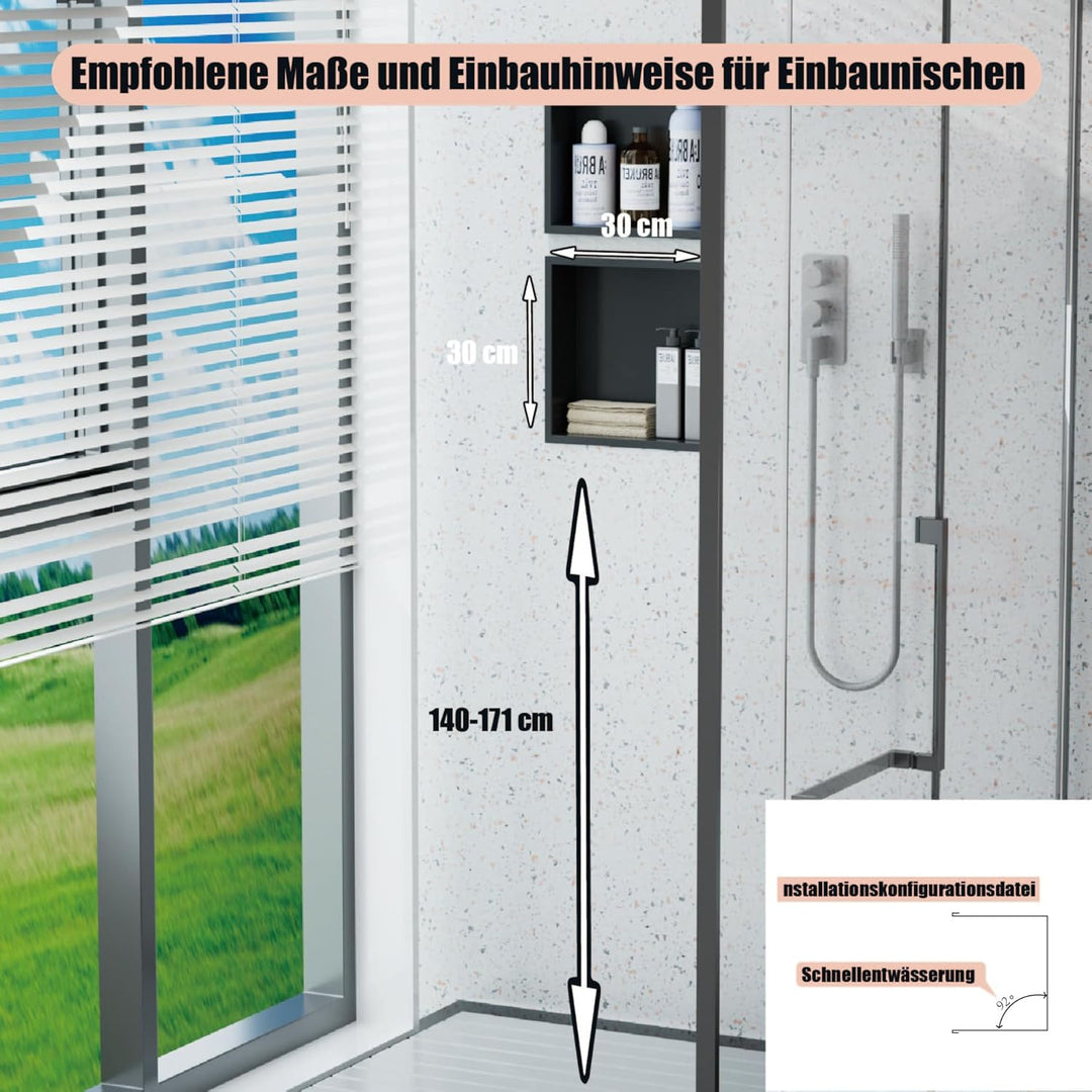 Wandmontierter Duschschrank Schwarz 30x30x10 cm Edelstahl-Duschablage mit unterputziger Basis, geeig